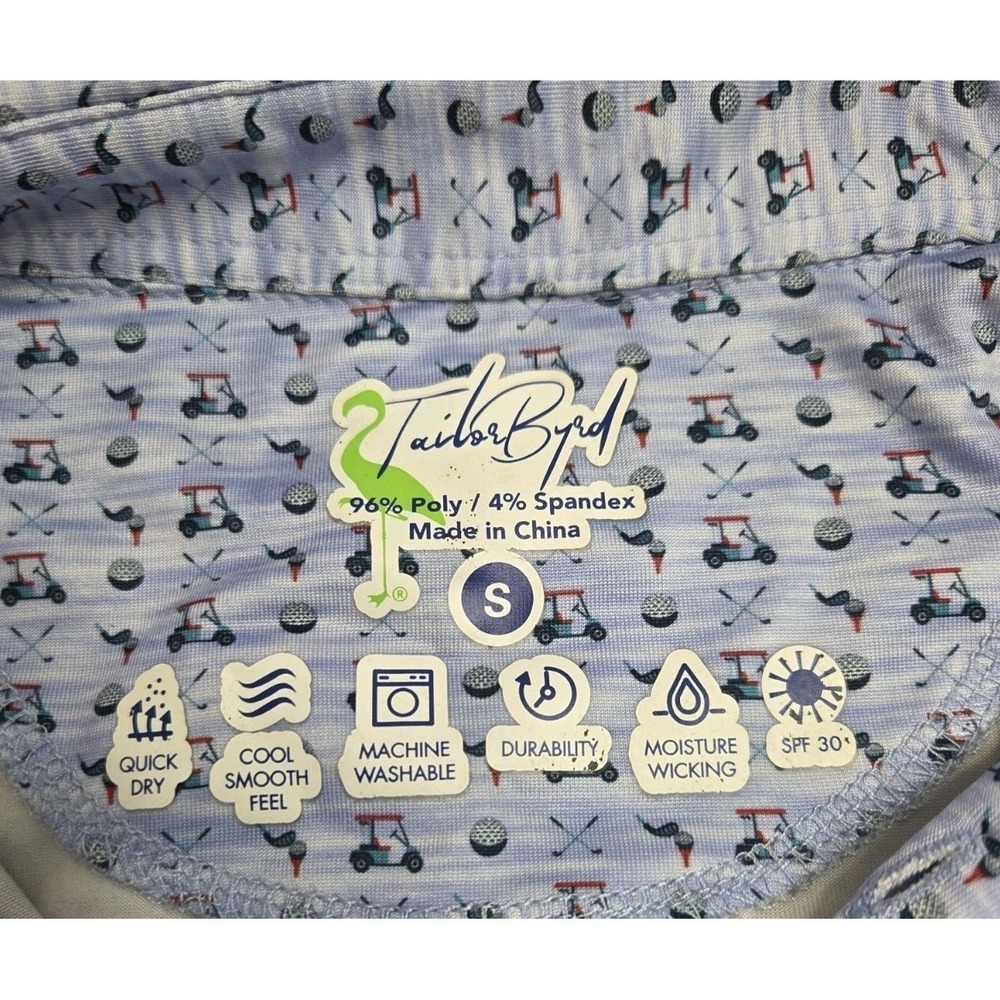 TailorByrd Golf Polo Shirt Mens Golf Cart Ball Print Size Small Blue
